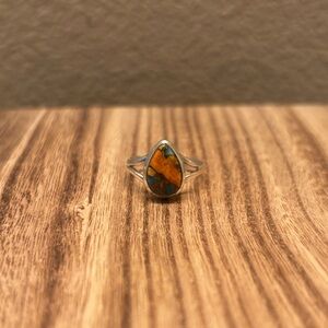 Sterling Silver Teardrop Spiney Shell  Ring with Turquoise and Orange Tones